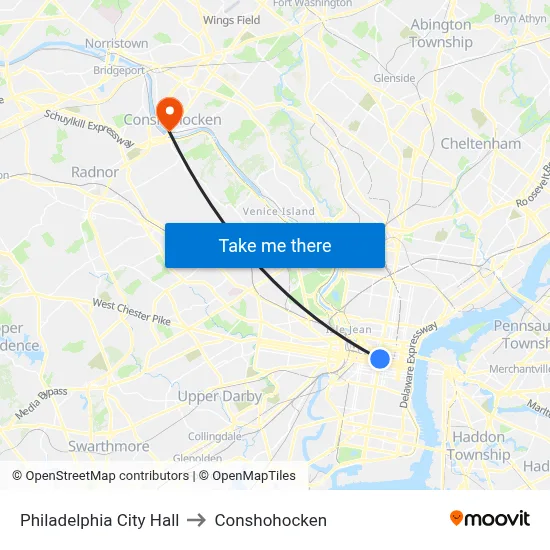 Philadelphia City Hall to Conshohocken map