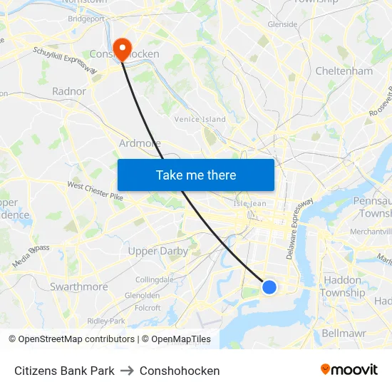 Citizens Bank Park to Conshohocken map