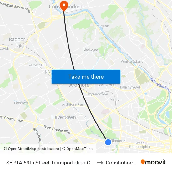 SEPTA 69th Street Transportation Center to Conshohocken map