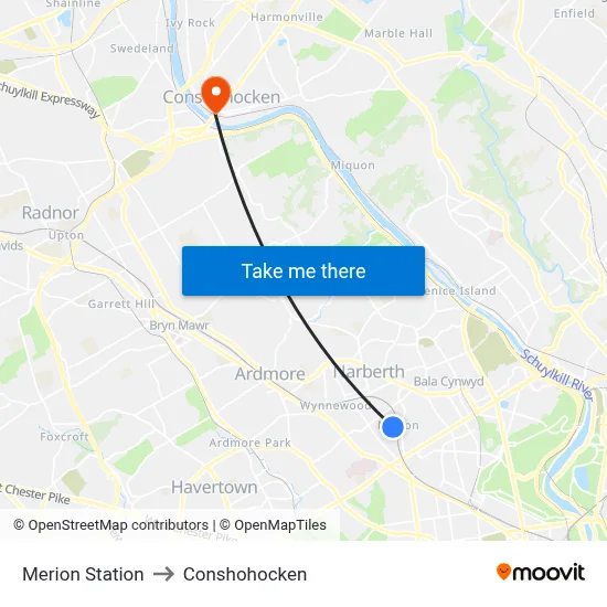 Merion Station to Conshohocken map