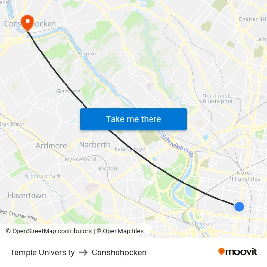 Temple University to Conshohocken map