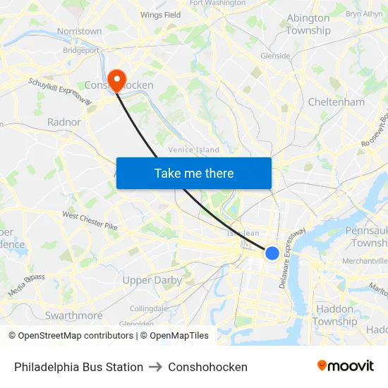 Philadelphia Bus Station to Conshohocken map