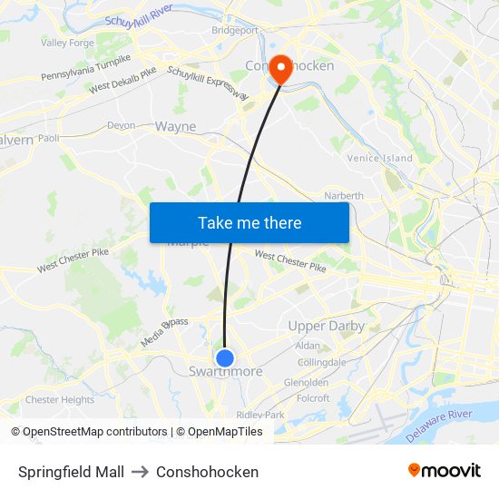 Springfield Mall to Conshohocken map