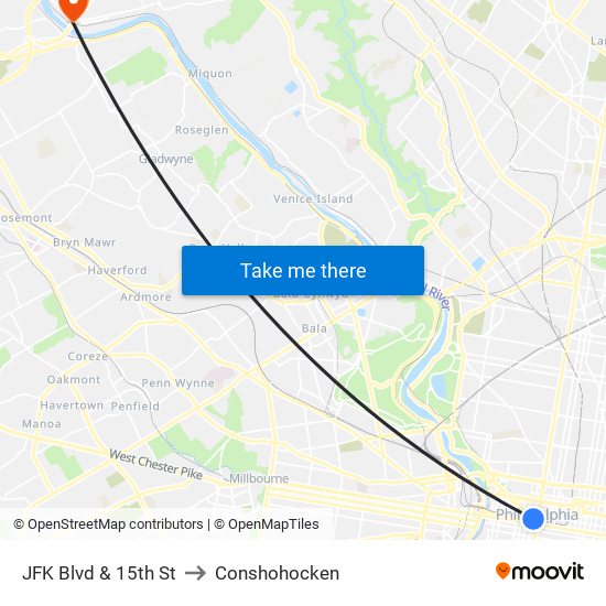 JFK Blvd & 15th St to Conshohocken map