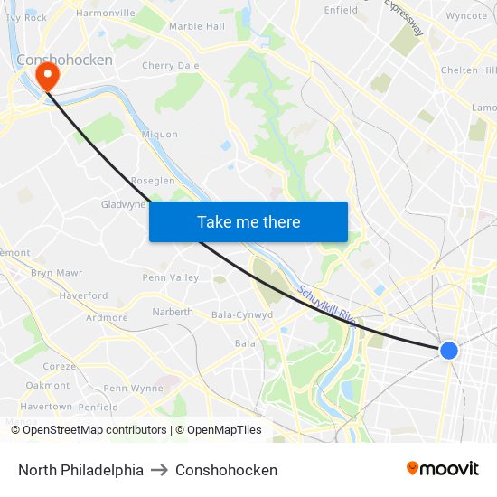 North Philadelphia to Conshohocken map