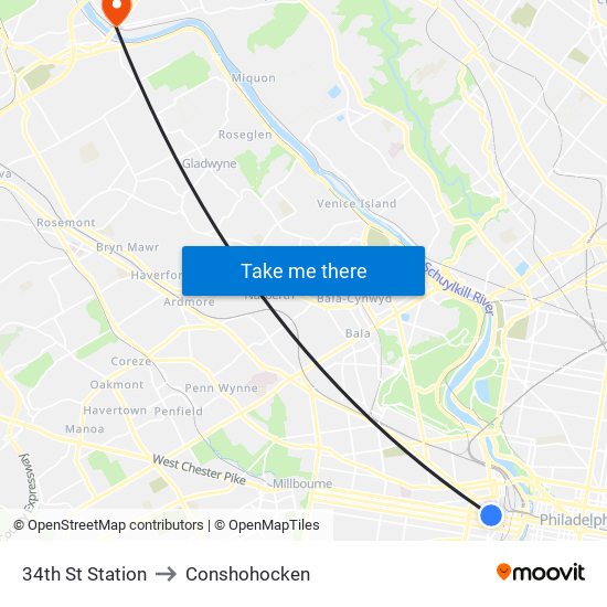 34th St Station to Conshohocken map
