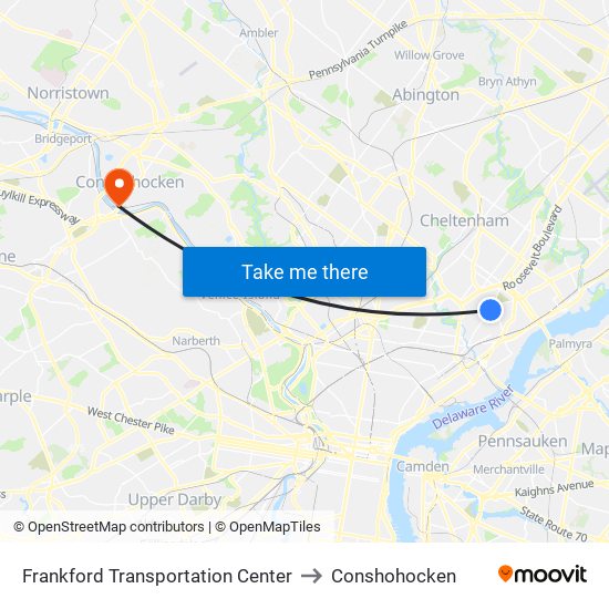 Frankford Transportation Center to Conshohocken map