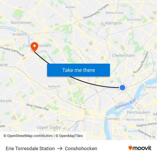 Erie Torresdale Station to Conshohocken map