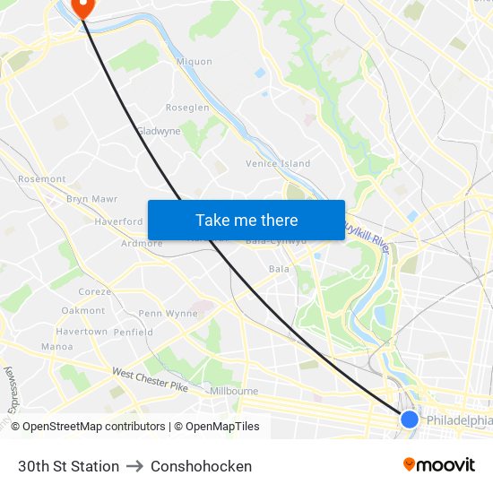 30th St Station to Conshohocken map