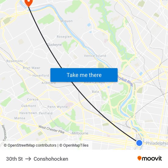 30th St to Conshohocken map