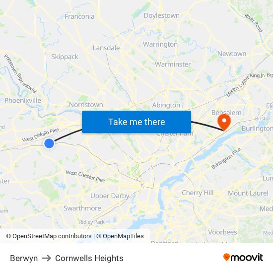 Berwyn to Cornwells Heights map