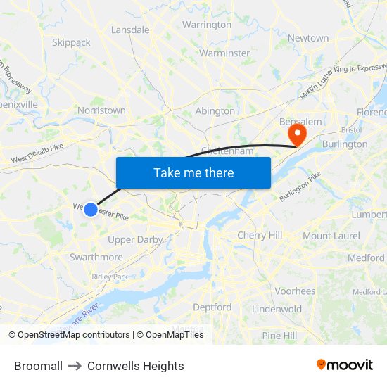 Broomall to Cornwells Heights map