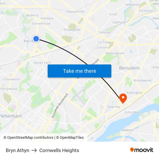 Bryn Athyn to Cornwells Heights map
