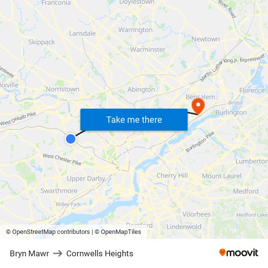Bryn Mawr to Cornwells Heights map