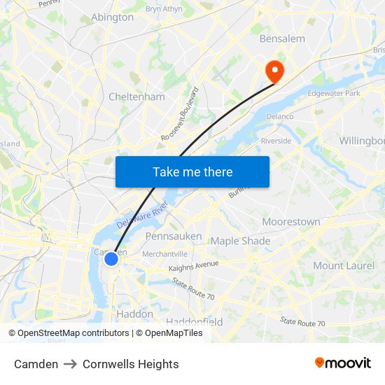 Camden to Cornwells Heights map