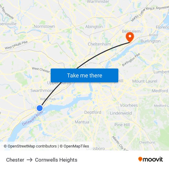 Chester to Cornwells Heights map