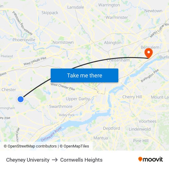 Cheyney University to Cornwells Heights map