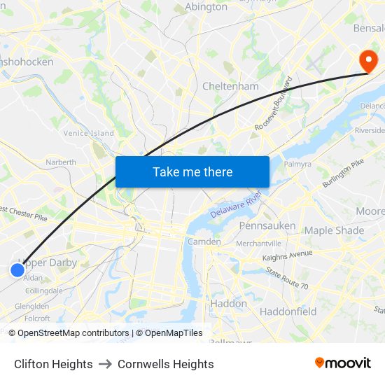 Clifton Heights to Cornwells Heights map