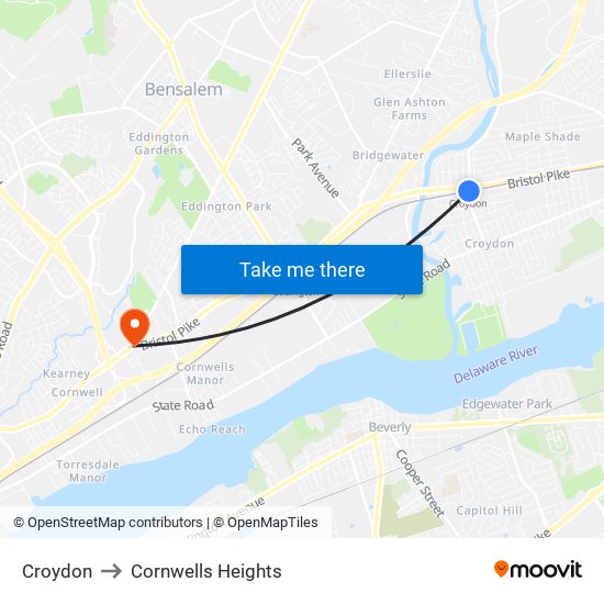 Croydon to Cornwells Heights map