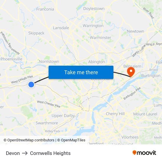 Devon to Cornwells Heights map