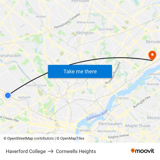 Haverford College to Cornwells Heights map