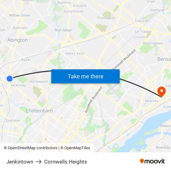 Jenkintown to Cornwells Heights map