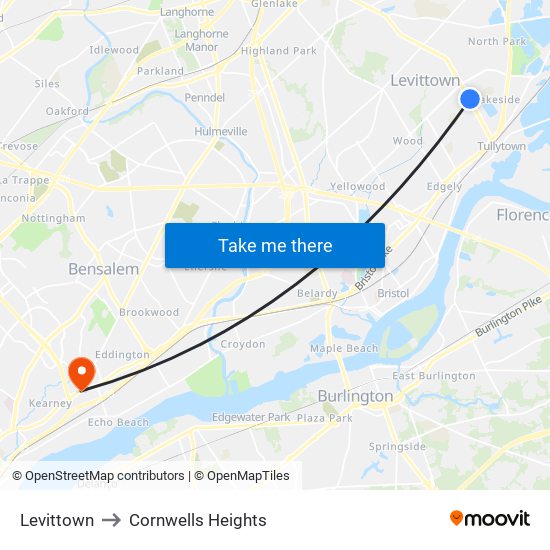 Levittown to Cornwells Heights map