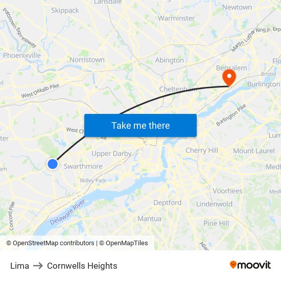 Lima to Cornwells Heights map