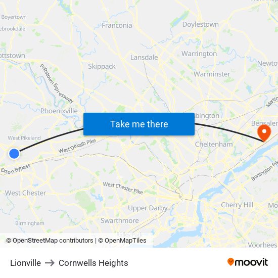 Lionville to Cornwells Heights map