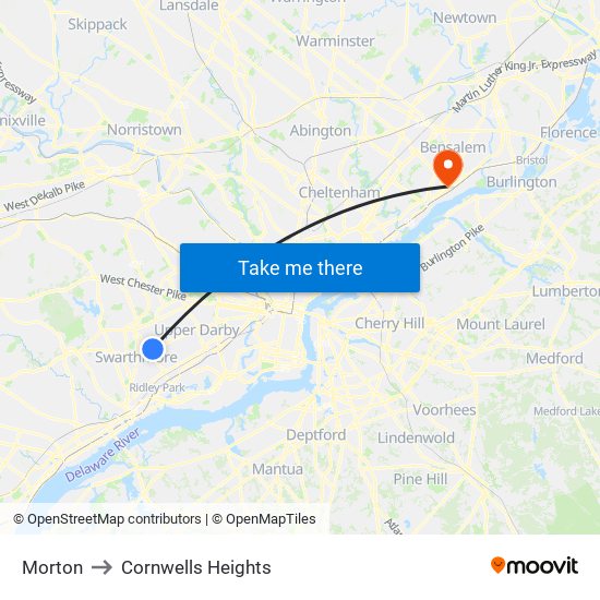 Morton to Cornwells Heights map