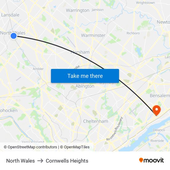 North Wales to Cornwells Heights map