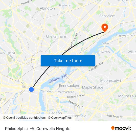 Philadelphia to Cornwells Heights map