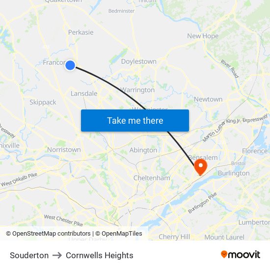 Souderton to Cornwells Heights map