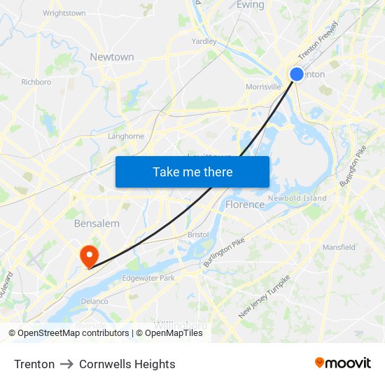 Trenton to Cornwells Heights map