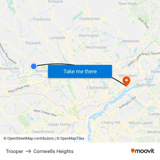 Trooper to Cornwells Heights map