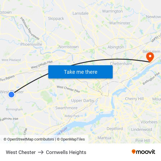 West Chester to Cornwells Heights map