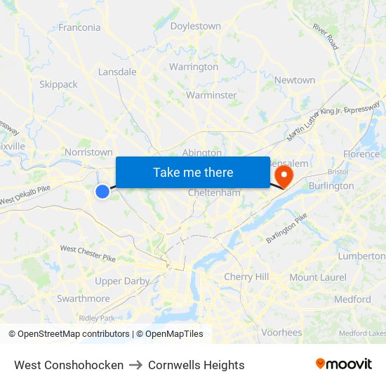 West Conshohocken to Cornwells Heights map