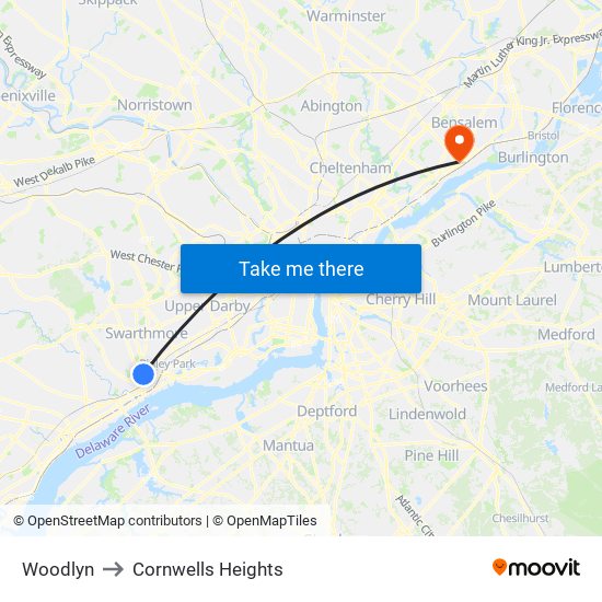 Woodlyn to Cornwells Heights map