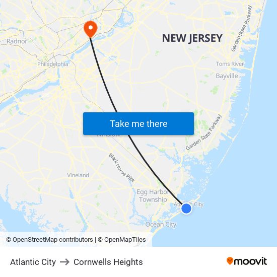 Atlantic City to Cornwells Heights map