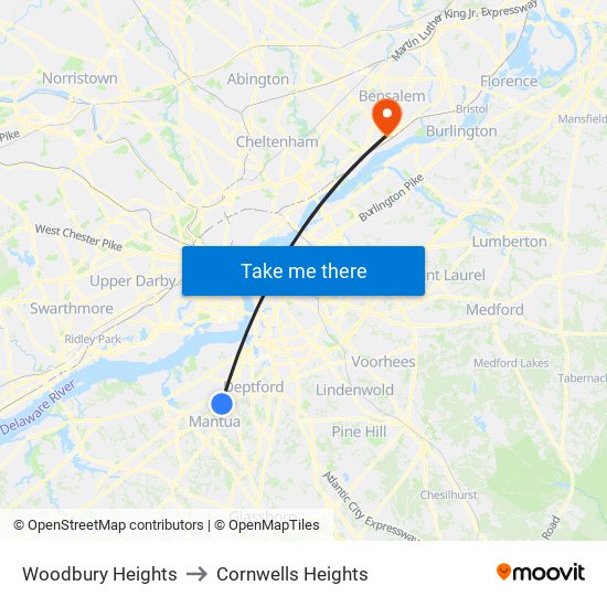 Woodbury Heights to Cornwells Heights map