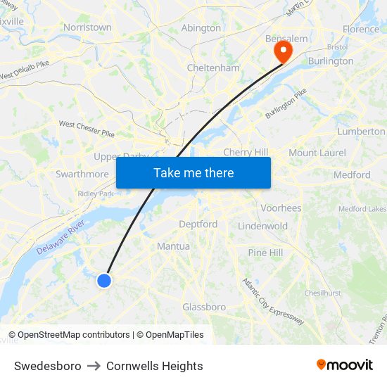 Swedesboro to Cornwells Heights map