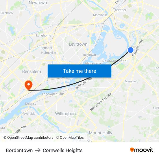 Bordentown to Cornwells Heights map