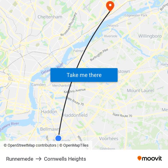 Runnemede to Cornwells Heights map