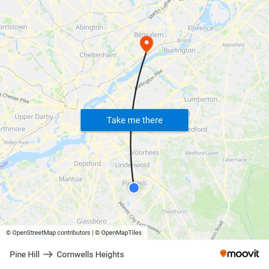 Pine Hill to Cornwells Heights map