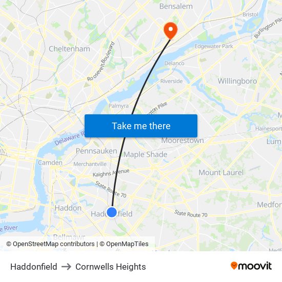Haddonfield to Cornwells Heights map