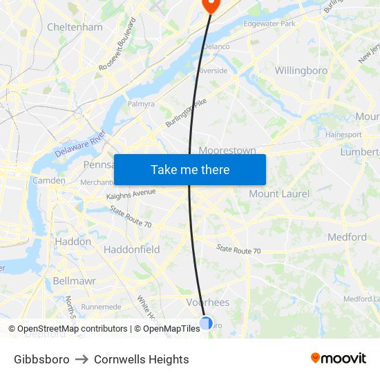 Gibbsboro to Cornwells Heights map