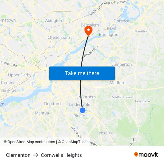 Clementon to Cornwells Heights map