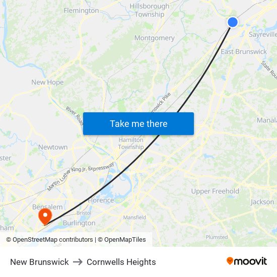 New Brunswick to Cornwells Heights map