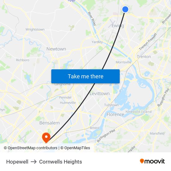 Hopewell to Cornwells Heights map