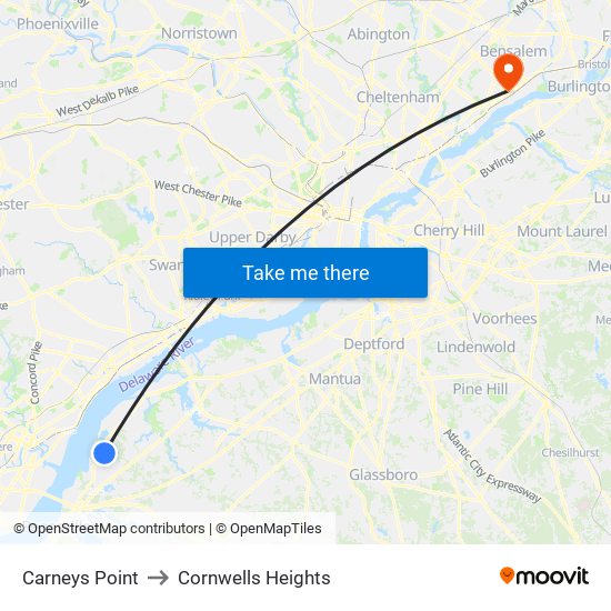 Carneys Point to Cornwells Heights map